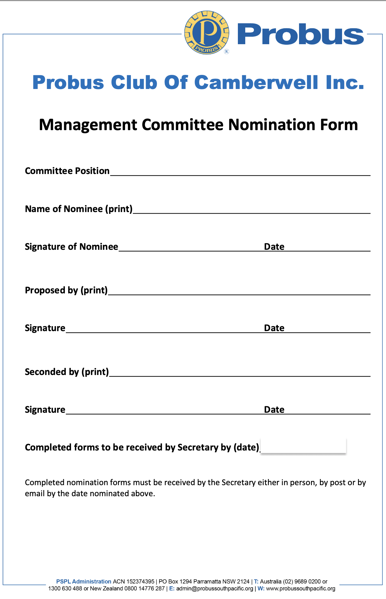 Nomination Form 2024 CAMBERWELL PROBUS CLUB